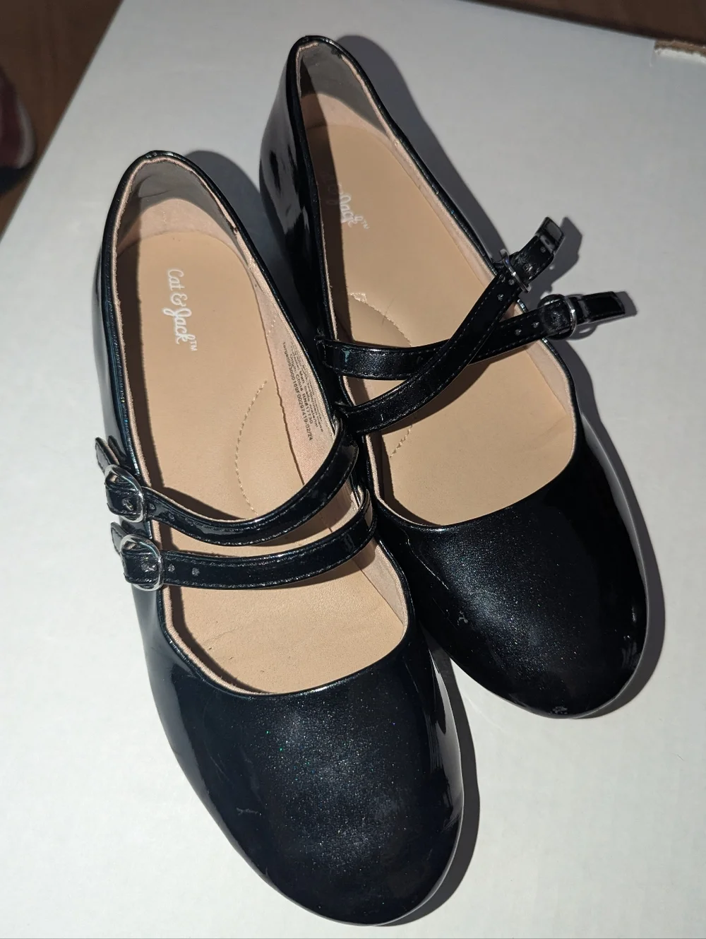 Cat & Jack Black Patent Double Strap Mary Jane Flats Girls Size 3 Dress Shoes